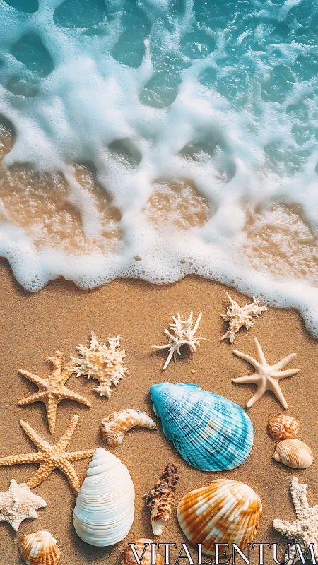 Foam-damped shoreline with taxonomic seashell and starfish array.