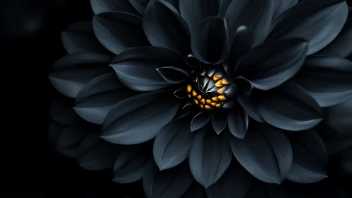 Dark Dahlia with Golden Center Against Black Background.