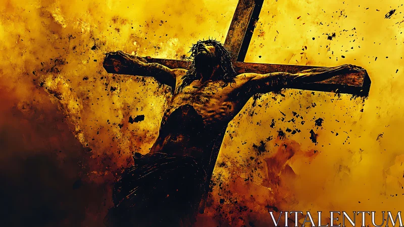 Crucifixion figure emerges against blazing golden sky.