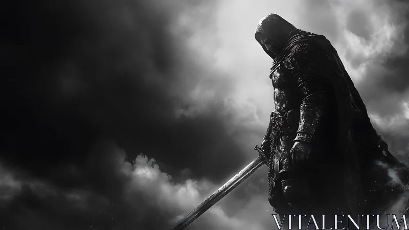 Lone hooded warrior resting beneath a storm-heavy sky.