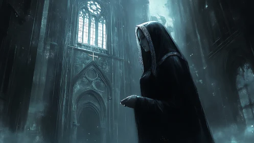 Veiled figure prays in ruined gothic cathedral under cold light