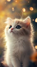 Ethereal White Feline Portrait with Opalescent Blue Eyes and Bokeh Luminescence.
