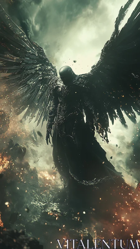 Winged armored figure over burning fractured landscape.