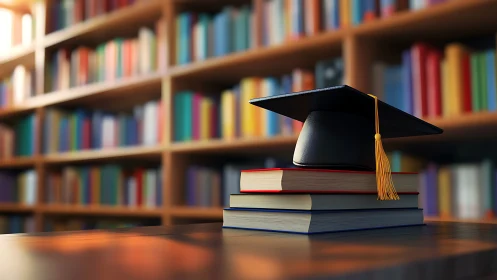 Graduation cap on stacked books in academic library setting.