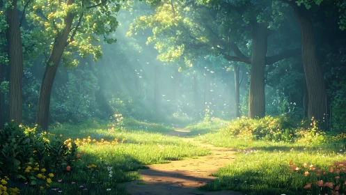 Sunlit Forest Pathway with Blooming Wildflower Understory.