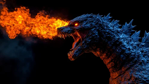 Fiery dragon roars brightly against a deep midnight sky