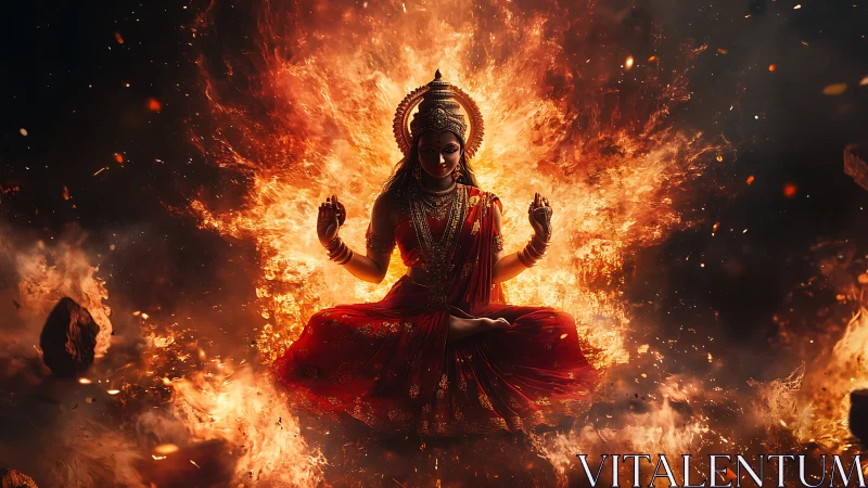 Hindu goddess figure in lotus pose amid surrounding flames.
