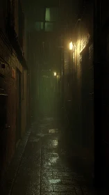 Rain-slick city alleyway glows under moody sodium lamps.