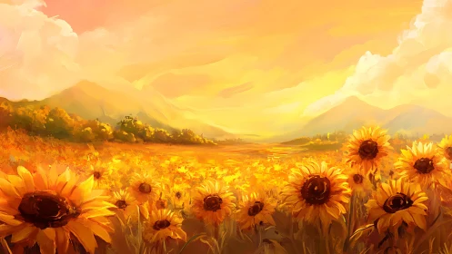 Sunlit sunflower field rendered with warm impressionistic brushwork