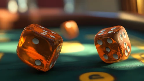 Amber luck in midair: translucent dice dancing over felt.