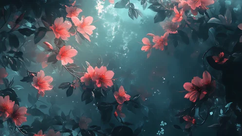 Coral flowers with particle effects in turquoise environment.