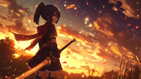Sunset-blade heroine pauses beneath a storm of golden embers.