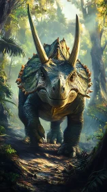 Horned jungle titan strides through primeval sunlight.