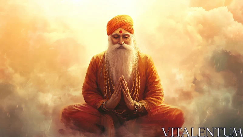 Radiant orange-clad sage sits in peaceful meditative prayer