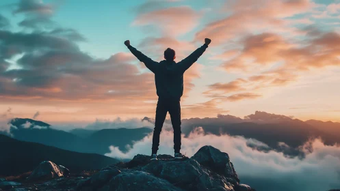Silhouetted climber on mountain summit framed by high dynamic sunset