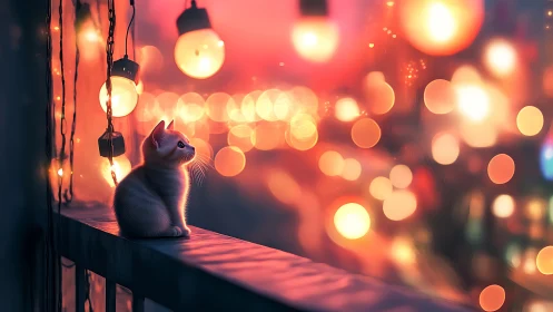 A curious cat gazes at glowing city lights from its perch