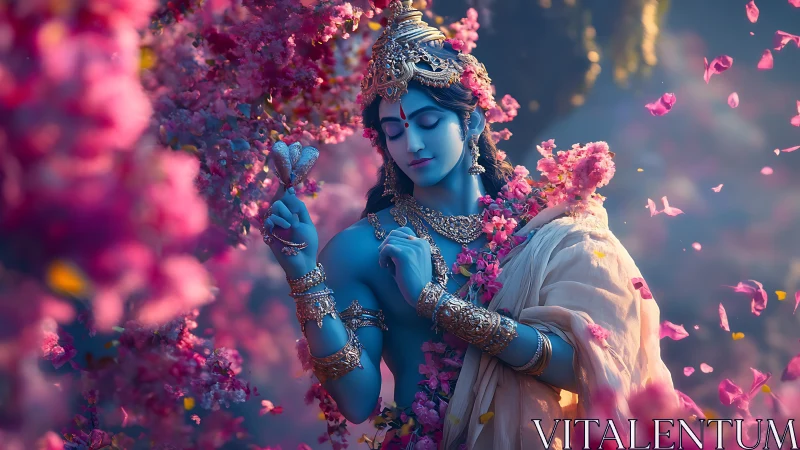 Blue deity figure amid pink blossoms in ornate attire.