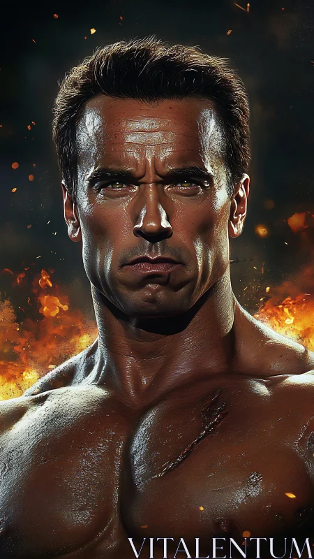 Battle-scarred bodybuilder amidst cinematic firestorm glow.
