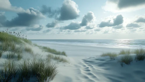 Sunlit coastal dunes and rippled shoreline rendered photorealistically