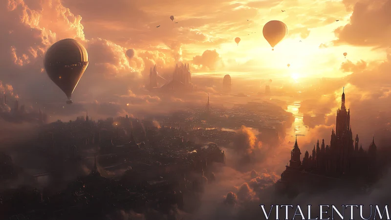 Skyborne cityscape under molten gold sunrise clouds.