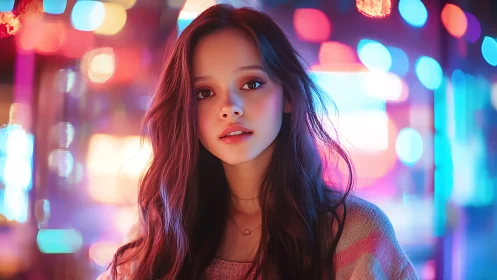 Neon night muse in candy-colored city glowscape.