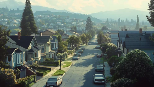 Sunlit residential avenue with vintage cars and layered hills in haze