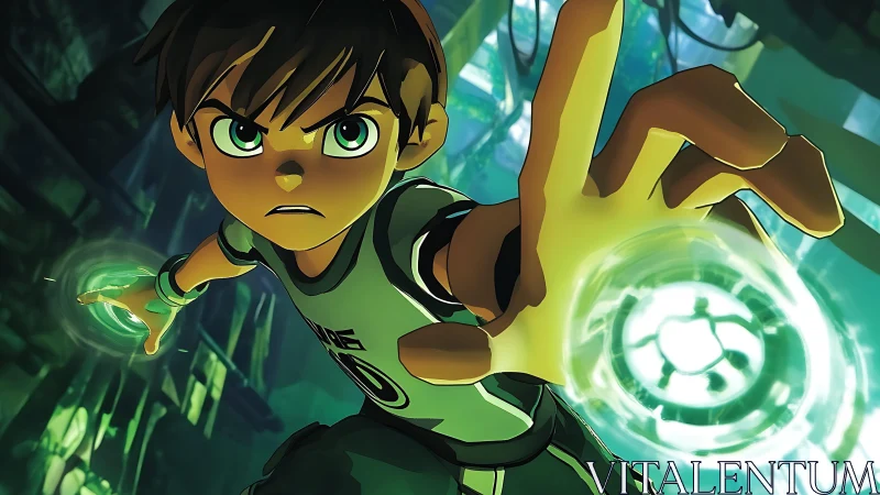 Animated boy with glowing green energy orbs in corridor.