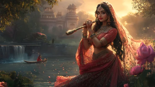 Sunlit veena muse in ornate saree beside lotus river palace