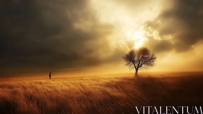 Solitary figure crossing golden field under dramatic storm light