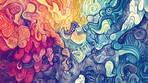 Vibrant swirling abstract art with red, yellow and blue waves