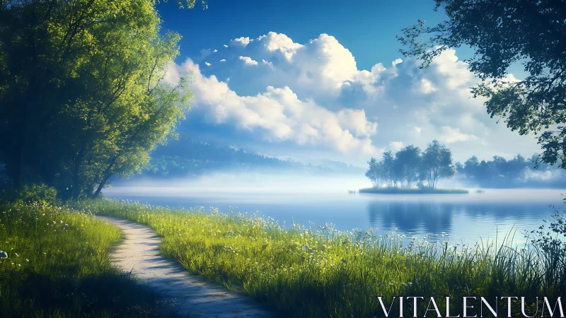 Lakeside path curves toward misty water and distant trees