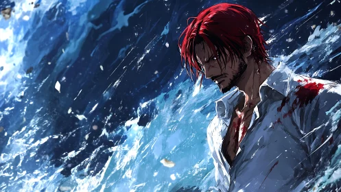 Bloodied red haired swordsman against turbulent ocean spray