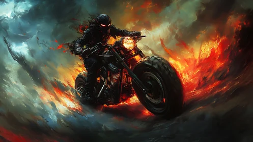 Flaming motorcycle rider charges through a storm of fire
