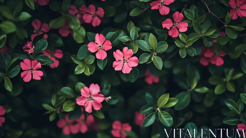 Vibrant Pink Flowers Against Deep Green Foliage with Natural Depth.
