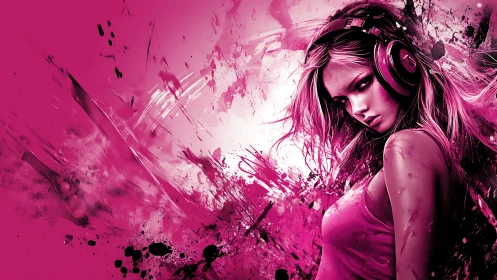Neon soundstorm girl wired in magenta splatter energy.
