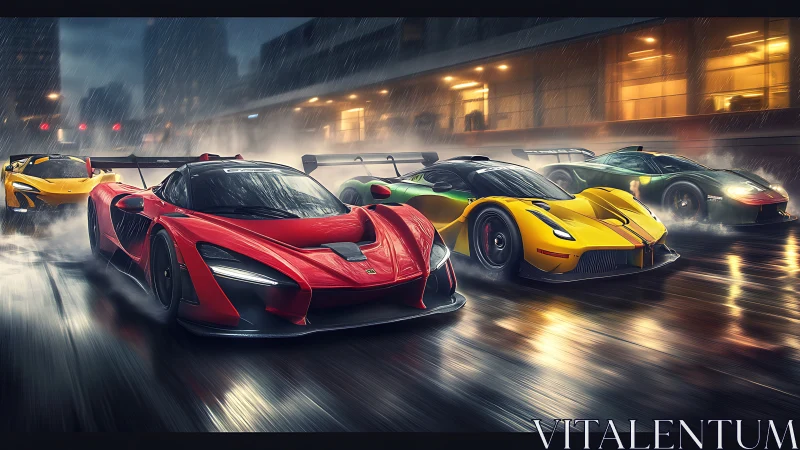 Hypercar quartet accelerates through wet urban circuit at night
