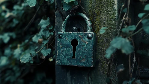 Corroded iron padlock with moss, ivy, and environmental decay.