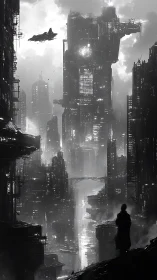 Solitary figure surveys monolithic cyberpunk megacity at dusk.
