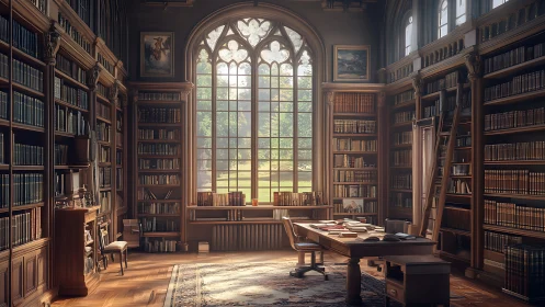 Sunlit gothic library sanctuary where quiet pages dream.
