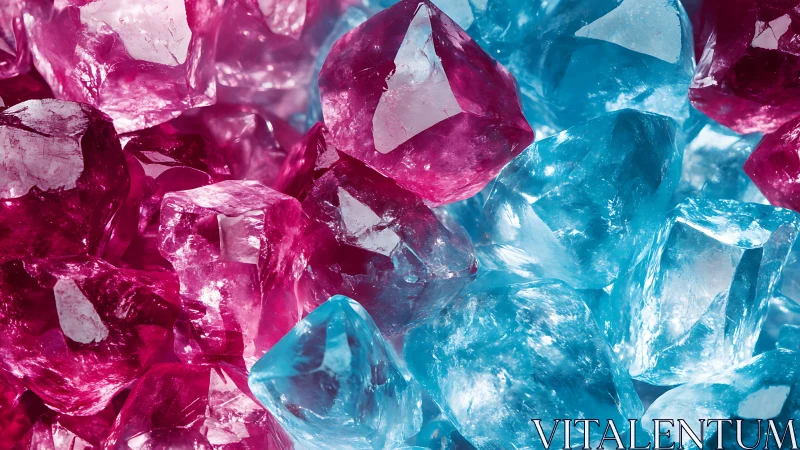 Close-up view of irregular pink and blue crystal pieces.