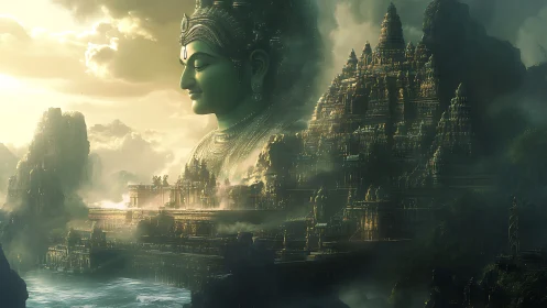 Colossal serene deity watches over misty golden temple city