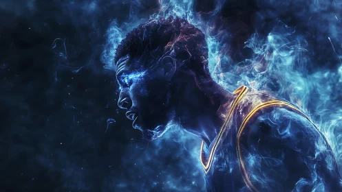 Blazing court spirit forged in neon-blue cosmic smoke.