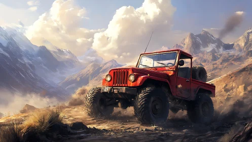 Red off-road jeep climbs rocky mountain trail at sunrise