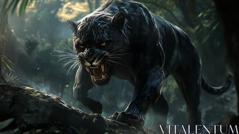 Obsidian Predator Prowls Through Mist-Shrouded Jungle.