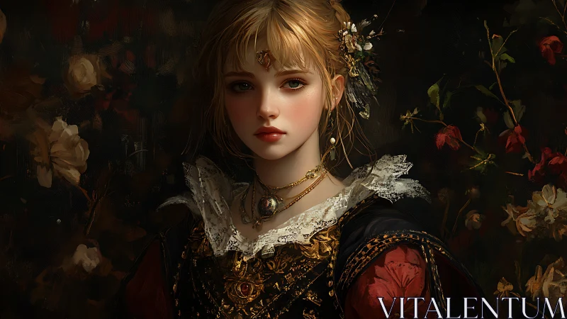 Young woman in ornate dress stands before floral backdrop