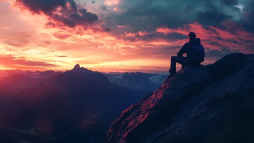 Solitary hiker silhouetted on glowing alpine ridge at sunset.