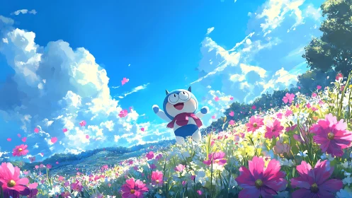 Cartoon sky-hopper sprints through a cosmos-bright meadow