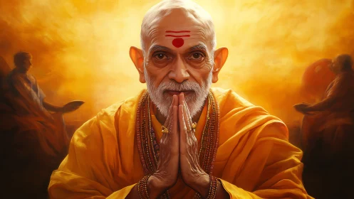 Elderly Hindu guru in saffron robes with namaste gesture, halos