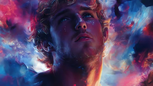 Starlit portrait captures pensive man amid cosmic nebula glow.