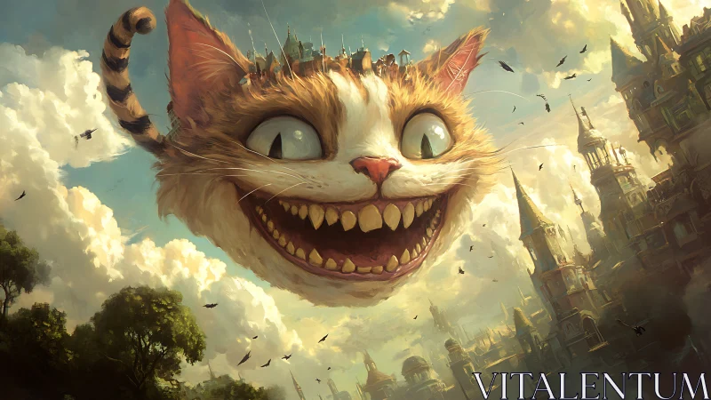 Large floating cat head with city structures above skyline